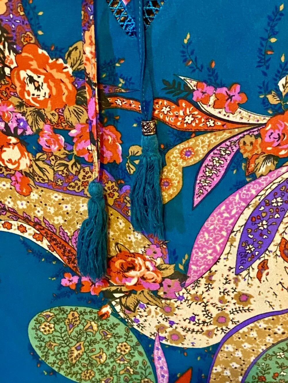 DR2 Paisley Floral Sheer Tunic Top Blue Tassels Feminine Boho Cottagecore L EUC - Picture 5 of 9